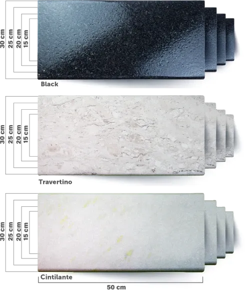 Three natural stone variations for pool edges presented as stacked rectangular slabs. The Black, Travertine, and Sparkling options are shown in the sizes 30×50 cm, 25×50 cm, 20×50 cm, and 15×50 cm, with visual measurement indicators for comparing size, color, and texture.