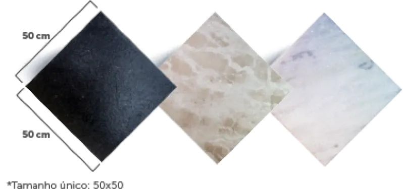 Three natural stone options for pool edges presented as 50×50 cm square slabs. The Black, Travertine, and Sparkling variations are displayed in perspective, with a single size indication and emphasis on differences in color and texture.