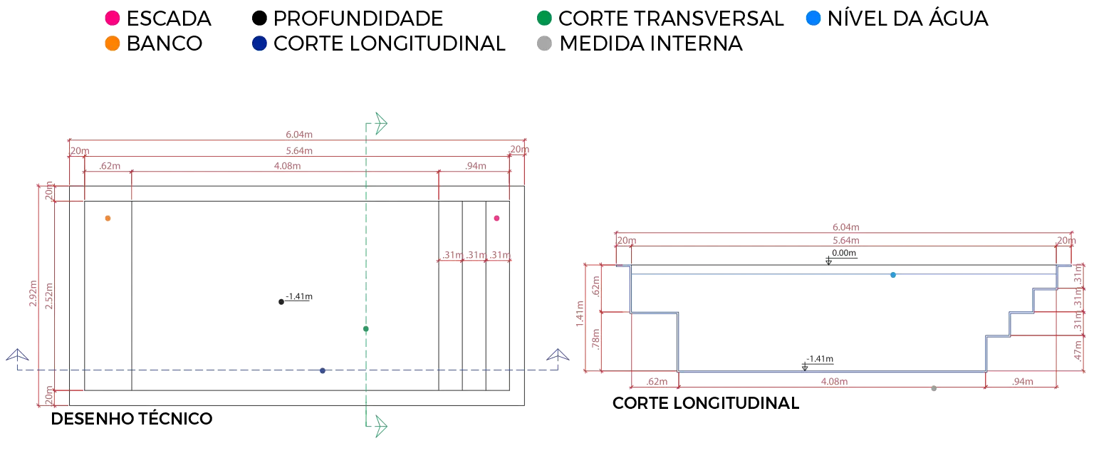 Desenho técnico da piscina Marajoara, com corte longitudinal e medidas